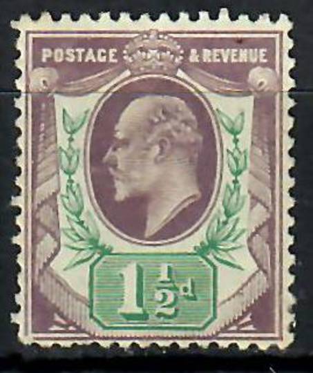 GREAT BRITAIN 1902 Edward 7th 1½d Pale Dull Purple & Green. Chalkey paper.One slightly dull corner. A couple of nibbled perfs. -