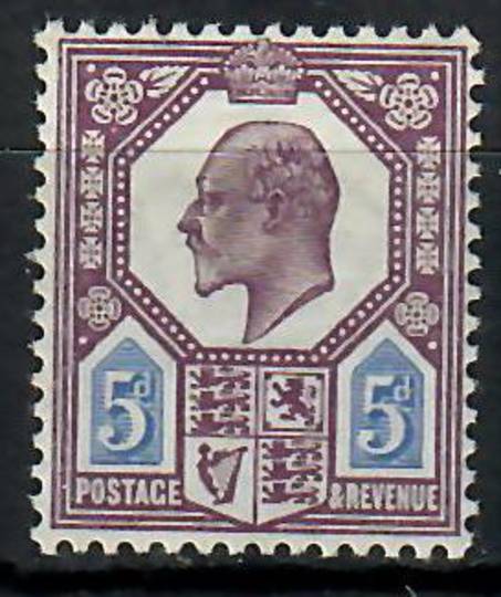 GREAT BRITAIN 1911 Edward 7th 5d Deep dull reddish purple & bright blue. Very light hingemarks.Centred slightly east. - 70592 -