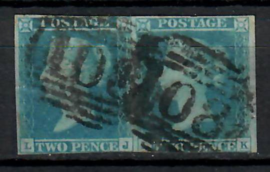 GREAT BRITAIN 1841 2d pale Blue. Pair cancelled 108 in bars. Letters LJ LK. The cancel on LK detracts. Guide lines show in top l