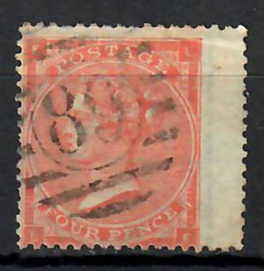 GREAT BRITAIN 1862 4d Pale Red. Some nibbled perfs at top. Right wing margin. Letters LFFL. Postmark 89 in circle in bars. - 706
