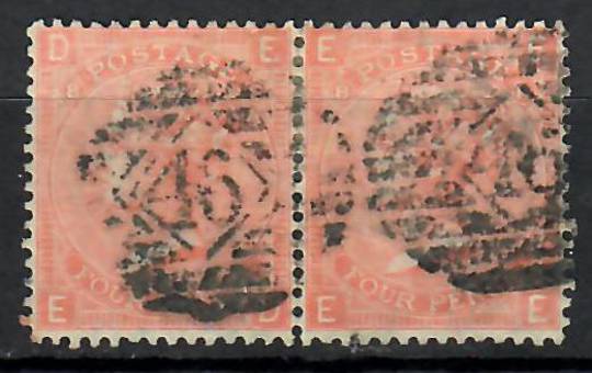 GREAT BRITAIN 1865 4d Deep Vermillion. Pair with postmark 46 in diamond in bars. Letters DEED and EEEE. - 70616 - Used