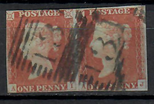 GREAT BRITAIN 1841 1d Red. Pair Plate 13. Letters AI and AJ. Squared foot to the J. Cut close and touching. Postmark 13 in bars.