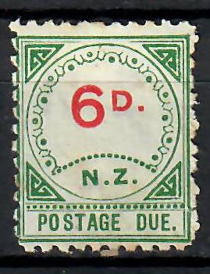 NEW ZEALAND 1899 Postage Due 6d Carmine and Green. Large NZ and Small D. Clean fresh appearance. Two dull corners otherwise good