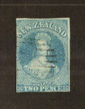 NEW ZEALAND 1855 Full Face Queen 2d Pale Blue. White paper. No watermark. Imperf. Three margins the fourth cut into. Light postm