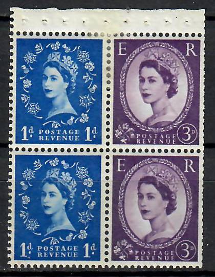 GREAT BRITAIN 1953 Elizabeth 2nd Definitive Booklet Pane 1d and 3d. Watermark multiple crowns. 1d values at left. - 70726 - Mint