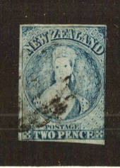 NEW ZEALAND 1855 Full Face Queen 2d Pale Blue. Plate 1 worn. Watermark NZ. Imperf. Almost four margins, just touching at right.