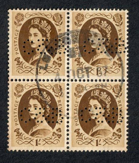 GREAT BRITAIN 1953 Definitive 1/-.Perfin C&B. Block of 4. - 70737 - VFU