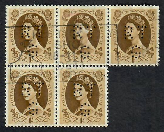 GREAT BRITAIN 1953 Definitive 1/-. Perfin RTG. Block of 5. - 70750 - Used