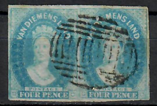 TASMANIA 1857 Victoria 1st Full Face Queen 4d Pale Blue. Nice pair. Full margins. Suitable cancel. - 70812 - VFU