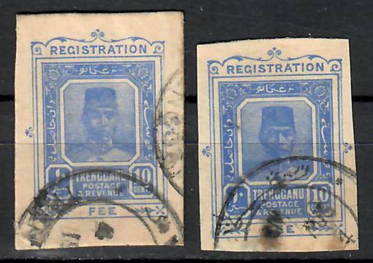 TRENGGANU 1921 Definitive 10c Registration Fee. Cut-out from envelope. - 70859 - Used