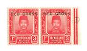 TRENGGANU 1917 Red Cross 3c + 2c Carmine-Red. Joined pair. The 2c is virtually missing and on the one stamp the surcharge reads