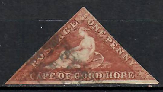 CAPE OF GOOD HOPE 1863 Triangle 1d Deep Carmine -Red. Has full margins. Stain at bottom left in the colour of the stamp. Reasona
