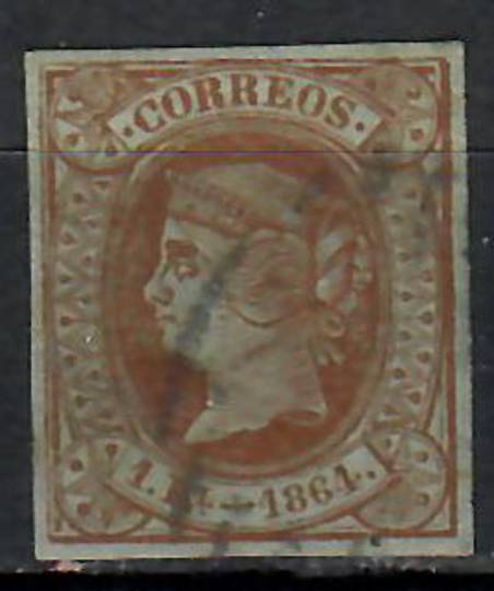 SPAIN 1864 Definitive 1r Brown on green. Four margins with small central thin not visible from front. Priced to sell. Nice stamp