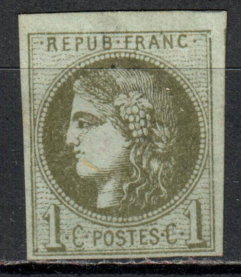 FRANCE 1870 Bordeaux printing. 1c Olive or Deep Olive Green. Fine copy with four margins. - 71058 - MNG