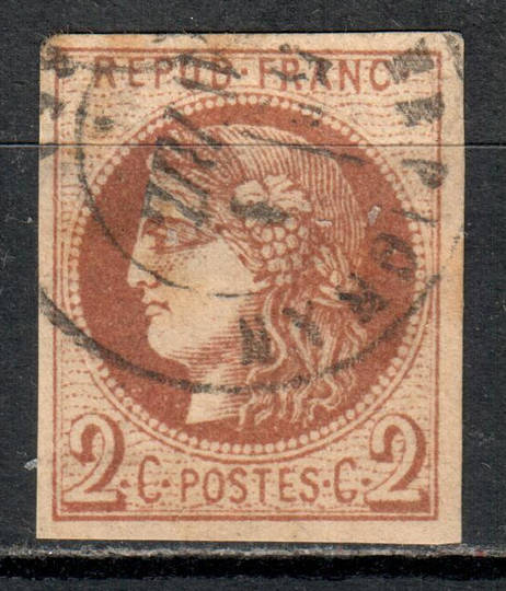 FRANCE 1870 Bordeaux printing. Chestnut on cream paper, Pearls not joined at 9 o'clock. 2c type A fine used cds Perdignan. Shall