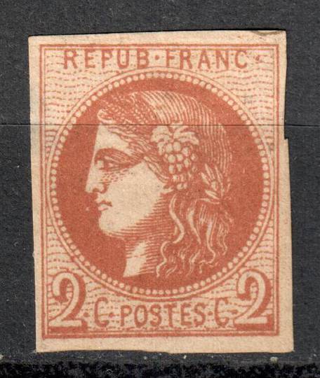 FRANCE 1871 Bordeaux printing 2c Type B. Four margins. Shallow marginal thin at north west. Pearls joined at 9 o'clock. - 71060