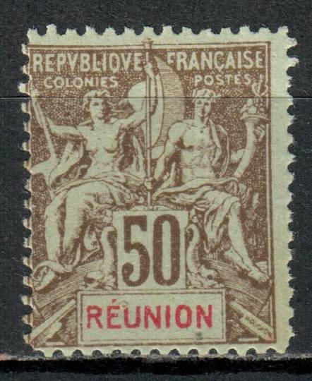 REUNION 1900 Definitive 50c Brown on azure. Off centre. Corner perf blunt but rare in unhinged mint condition. - 71223 - UHM