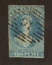 NEW ZEALAND 1855 Full Face Queen 2d Blue. Imperf. No Watermark. Light cancel 16. Three clear margins