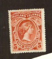 FALKLAND ISLANDS 1898 Victoria 1st Definitive 5/- Red. Superb copy. Light hinge remains. - 71343 - Mint