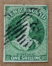 NEW ZEALAND 1855 Full Face Queen 1/- Green. Watermark NZ. Four margins. Medium-Light postmark but it does cover the face. - 7163