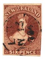 NEW ZEALAND 1862 Full Face Queen 6d Red-Brown Imperf. 4 margins but touching bottom right. L3 cancel (Oxford). (L3 is always bad