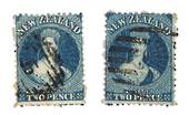 NEW ZEALAND 1862 Full Face Queen 2d Blue. Perf 12½. Watermark Large Star. Davies print. Die 2. Two stamps different shades, seem