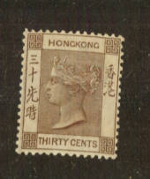 HONG KONG 1900 Victoria 1st Definitive 30c Brown. Watermark Crown CA. Very lightly hinged. No tone spots but the gum has browned
