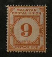 MALAYAN POSTAL UNION 1945 Postage Due 9c Yellow-Orange. Perf 15x14. Gum aging but not toned. - 72039 - UHM
