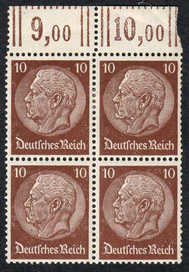 GERMANY 1933 Definitive von Hindenburg 10pf in block of four. Two never hinged and two hinged. - 72099 - Mixed
