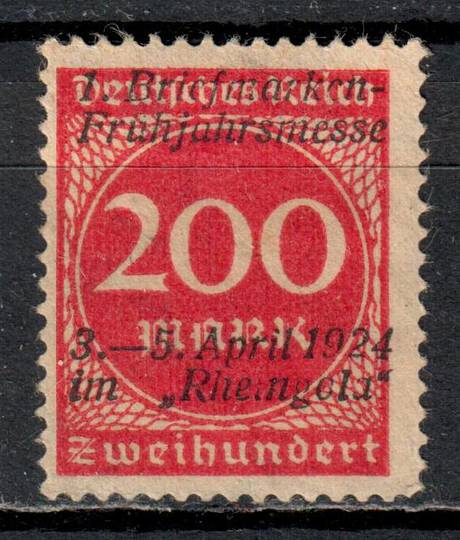 GERMANY 1924 Issue of 1923 200m Carmine overprinted "1 Briefmarken-Fruhjahrsmesse 3-5 April 1924 im Rhe ngoli". - 72174 - Mint