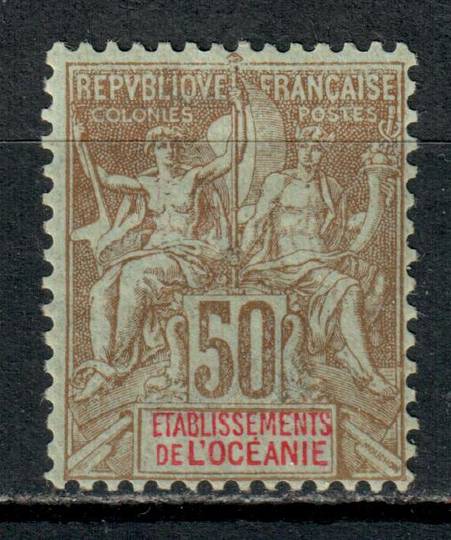 FRENCH OCEANIC SETTLEMENTS 1900 Definitive "Tablet" type 50c Brown on azure. Reasonable copy. Slight thin. - 72329 - Mint