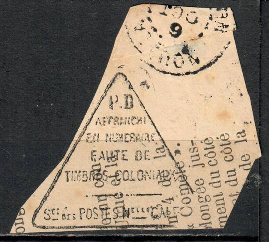 NEW CALEDONIA 1876 triangular cachet applied to envelope due to unavailability of French Colonies stamp. Cut out. Good margins.