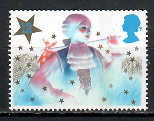 GREAT BRITAIN 1985 Christmas 12p from the £2.40 Discount Stamp Booklet. Shows a blue underprint of a double lined star on the r