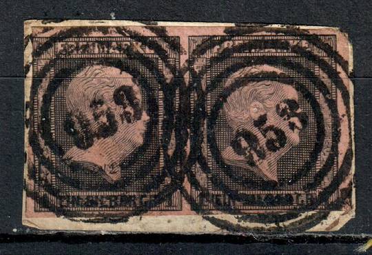 PRUSSIA 1850 Definitive 1sg Black on rose. Pair on piece with concentric circle cancel 953. Heavy postmarks. - 73562 - Used