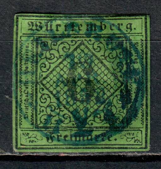 WURTTEMBERG 1851 Definitive 6k Black on blue-green. Three full margins. The top touching. - 73569 - Used