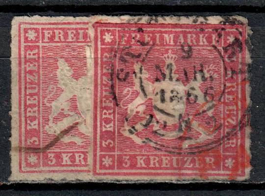 WURTTEMBERG 1862 Definitive 3kr Claret. Roulette 10. Nice Postmark. Clear match to the SG colour guide. Also the Rose shade for
