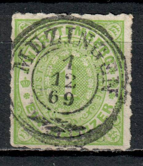 WURTTEMBERG 1869 Definitive 1kr Yellow-Green. Roulette 10. Fine Postmark MEZINGEN 1/12/69. The stamp should be embossed but is n
