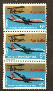 AUSTRALIA 1970 50th Anniversary of Qantas Airline. Three copies of the 6c value with the top stamp showing a flaw in the Gold Pr