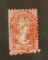 TASMANIA 1864 Victoria 1st Definitive 1d Brick-Red. Perf 10. Poor definition and fiscally used but a major example of double per