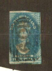 TASMANIA 1857 Victoria 1st Chalon Definitive 4d Blue Imperf. Watermark Numeral 4 Inverted. Only two margins. Not listed. - 73630