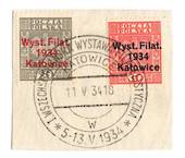 POLAND 1934 Katowice International Stamp Exhibition. Set of 2 on piece with full exhibition postmark. - 73774 - VFU