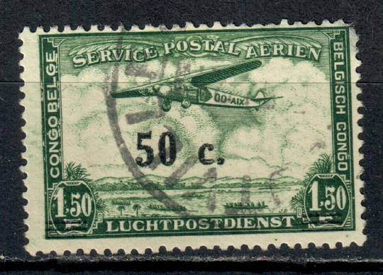 BELGIAN CONGO 1941 Air 50c on 1fr50 Green. The bars in the overprint are misplaced. They are almost invisible and the vertical g