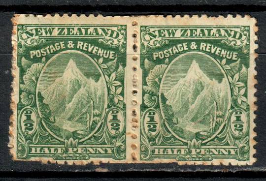 NEW ZEALAND 1898 Pictorial ½d Mt Cook Green. Mixed Perfs. Pair. Light toning. Two lines of perf overlapping visible down the cen