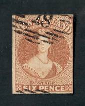 NEW ZEALAND 1855 Full Face Queen 6d Bistre-Brown. No Watermark. Imperf. Four margins. Good used. CP A5a(8). - 74096 - Used