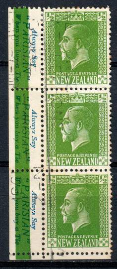 NEW ZEALAND 1915 Geo 5th Definitive ½d Green. Part of Booklet Pane with Parisian Adverts. Strip of 3 at left corner. Catalogued