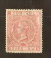 GREAT BRITAIN 1867 Victoria 1st Definitive 5/- Pale Rose. Light hinge remains. Rare in mint. - 74464 - Mint