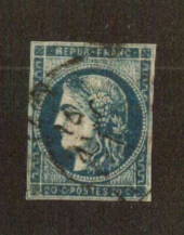 FRANCE 1870 Ceres Definitive 20c Deep Blue Type 2. Has has creases but these are not apparent from the front. The postmark is no