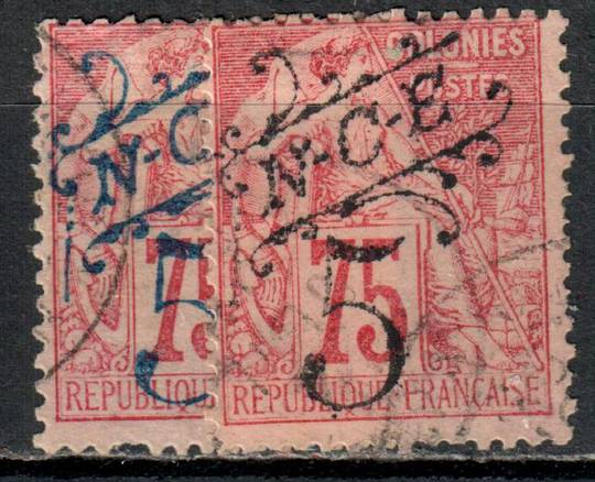 NEW CALEDONIA 1892 Definitive Surcharge 5 on 75c Carmine on rose. The black overprint and the blue overprint. Clearly distinguis