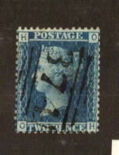 GREAT BRITAIN 1858 2d blue Die 2 Perf 14 Wmk Large Crown. Thick lines.Pmk 374 oval.Letters HOOH.Centred south. - 74586 - FU