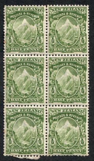 NEW ZEALAND 1898 Pictorial ½d Mt Cook Green. Block of 6. Thin paper. Watermark. One stamp damaged but the others are fine. - 746